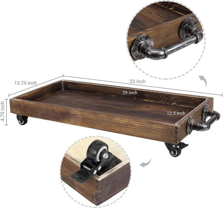 30-Inch Rustic Wood Rolling Boot Tray with Metal Pipe Handles