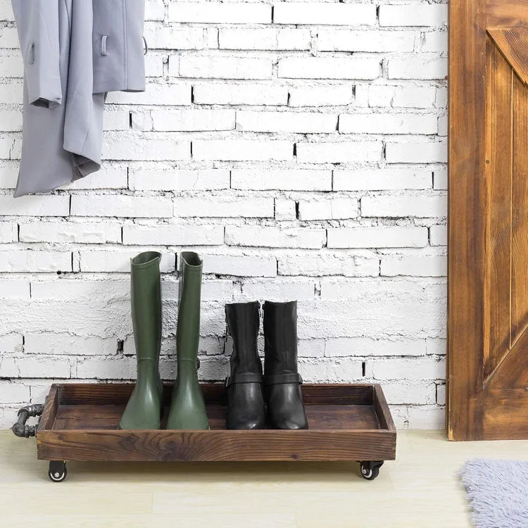 30-Inch Rustic Wood Rolling Boot Tray with Metal Pipe Handles