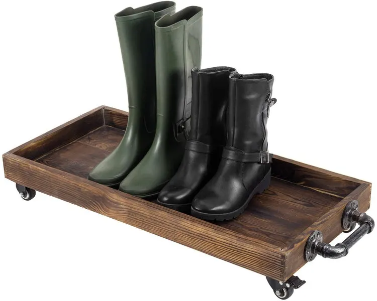 30-Inch Rustic Wood Rolling Boot Tray with Metal Pipe Handles