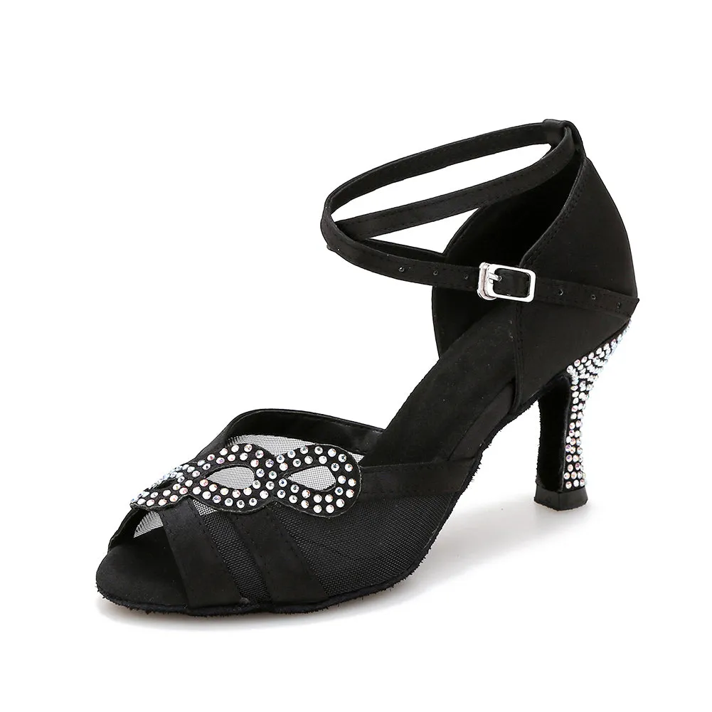 Black Rhinestone Ballroom Dancing Shoes Latin Salsa Dance Shoes For Ladies