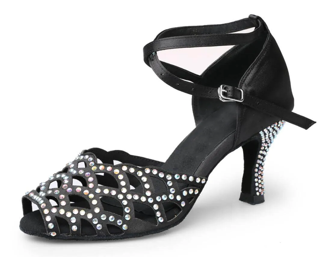 Black Satin Rhinestone Ballroom Dance Shoes Ladies Salsa Dance Shoes