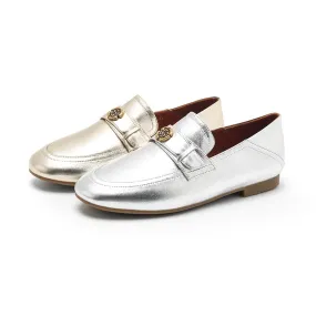 Classic Camellia-Detailed Leather Loafers for Women in Silver/Golden