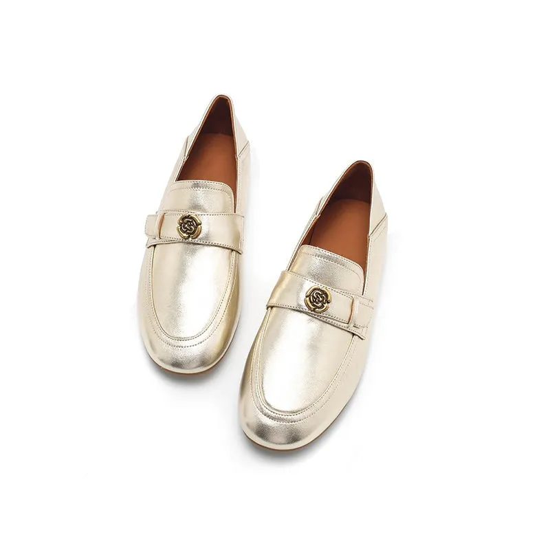 Classic Camellia-Detailed Leather Loafers for Women in Silver/Golden