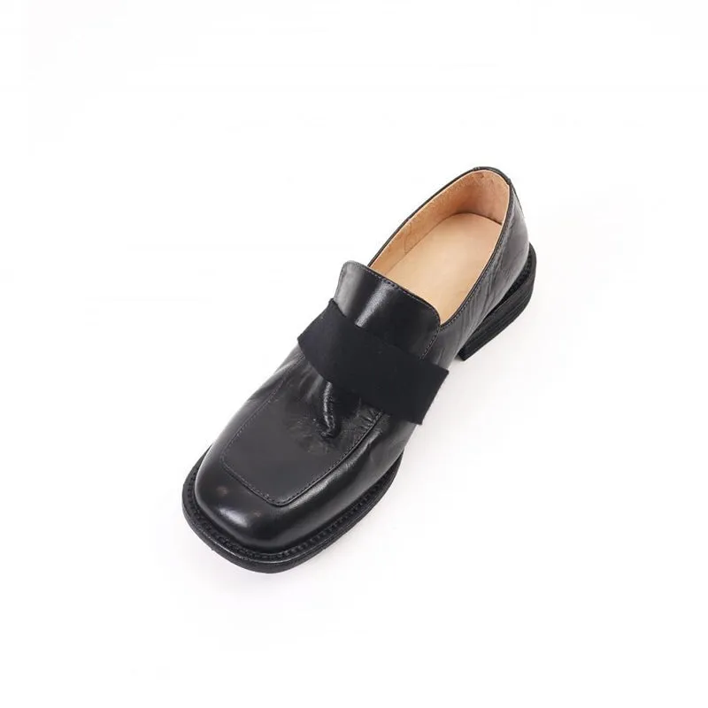 Classic Horse Leather Low Heel Loafers Women's Dress Shoes Slip Ons Black