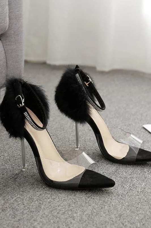 Crystal heel rhinestone rabbit fur sandals