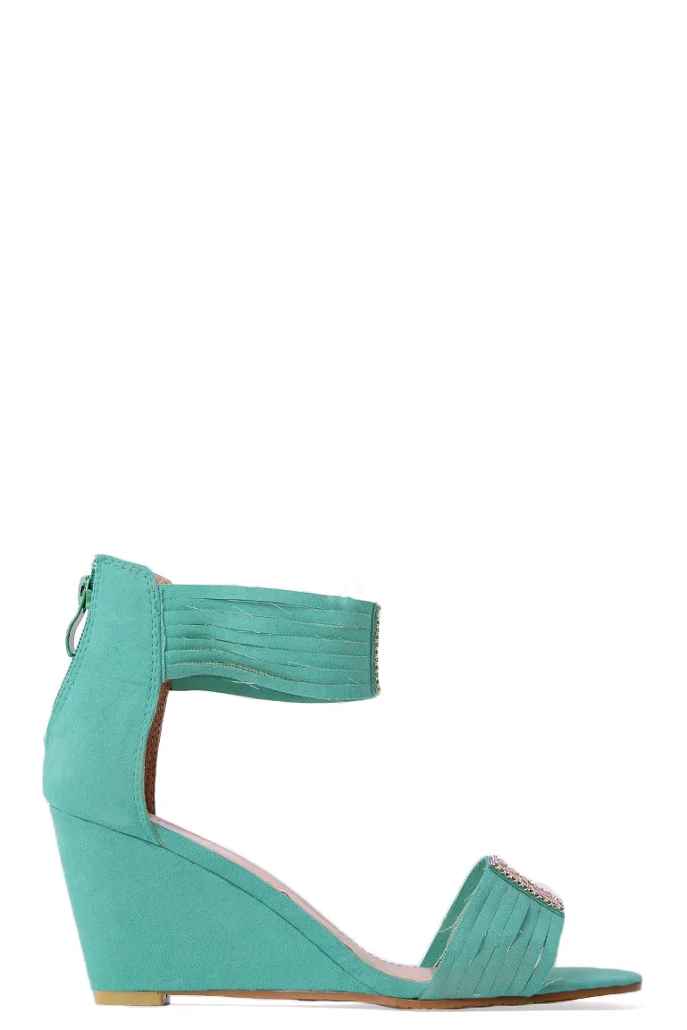 Embellished Wedge Sandals in Emerald Green