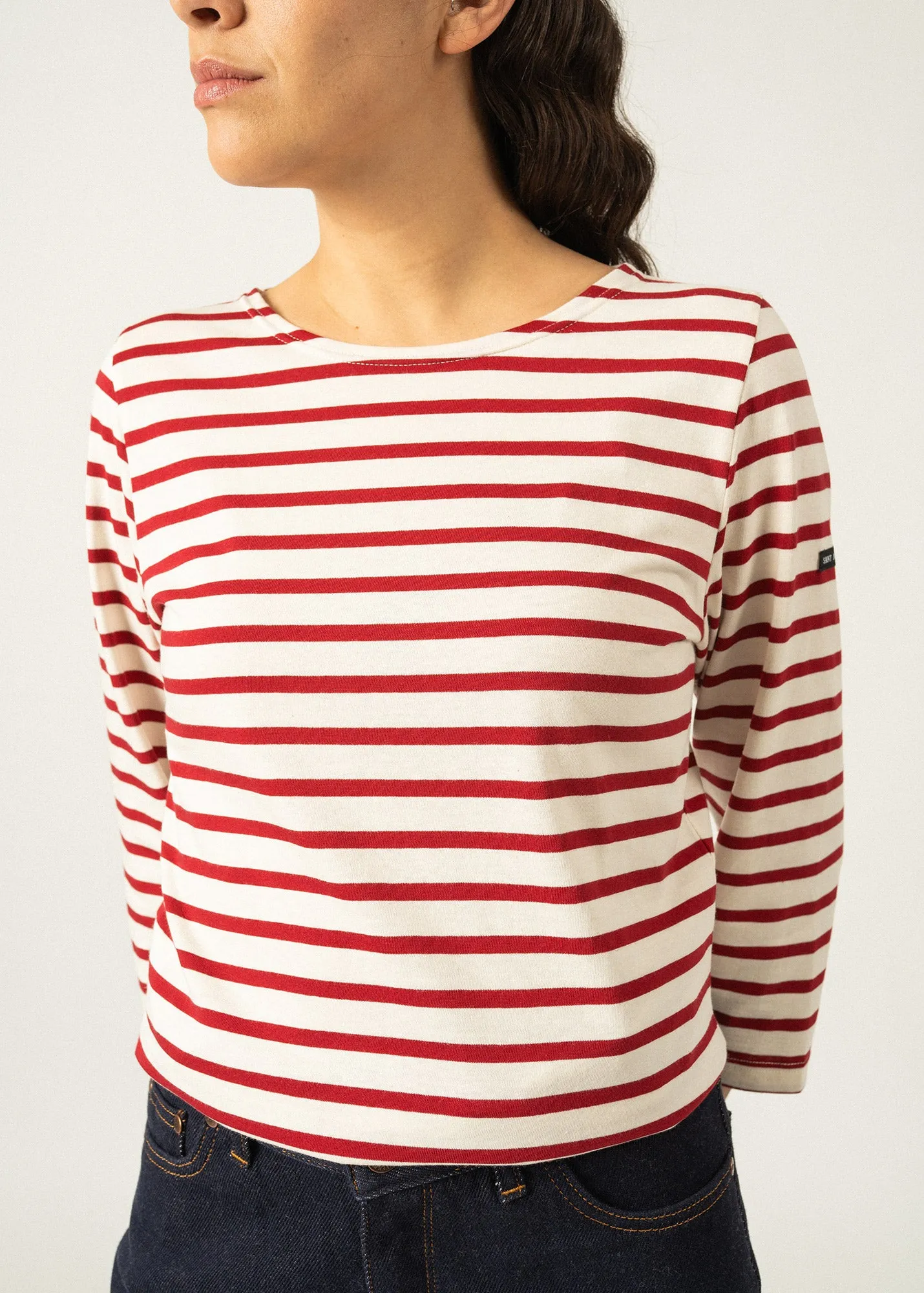 GALATHEE II - Breton Striped Top with ¾ Sleeve | Soft Cotton | Women Fit (ECRU / MAROON)