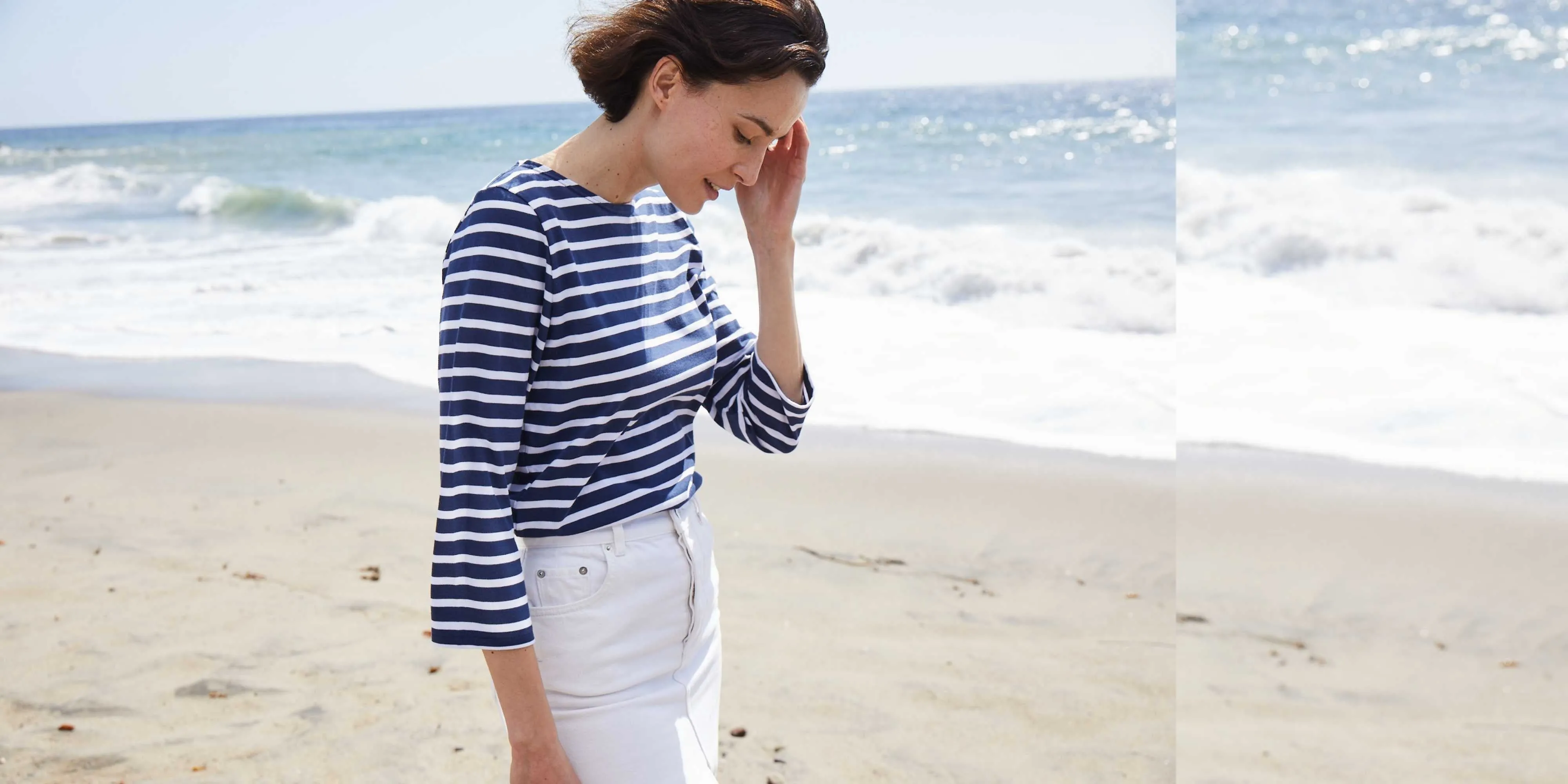 GALATHEE II - Breton Striped Top with ¾ Sleeve | Soft Cotton | Women Fit (NAVY / WHITE)