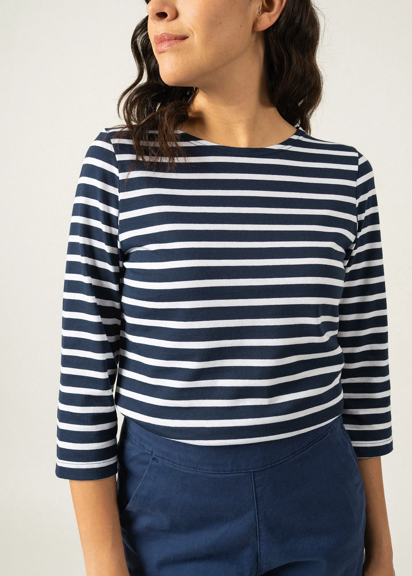 GALATHEE II - Breton Striped Top with ¾ Sleeve | Soft Cotton | Women Fit (NAVY / WHITE)