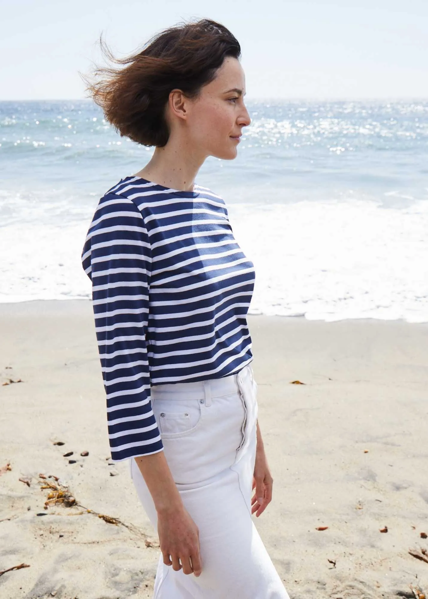 GALATHEE II - Breton Striped Top with ¾ Sleeve | Soft Cotton | Women Fit (NAVY / WHITE)