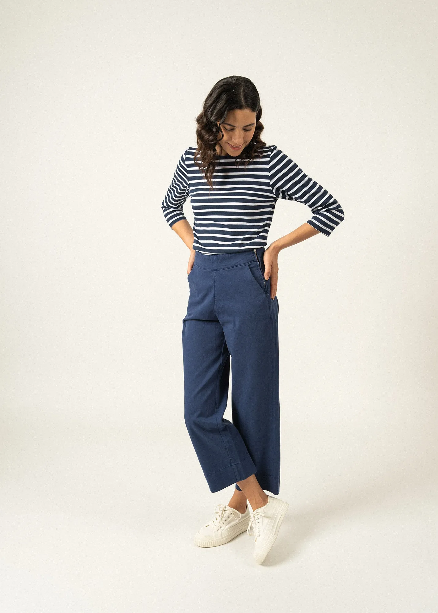 GALATHEE II - Breton Striped Top with ¾ Sleeve | Soft Cotton | Women Fit (NAVY / WHITE)