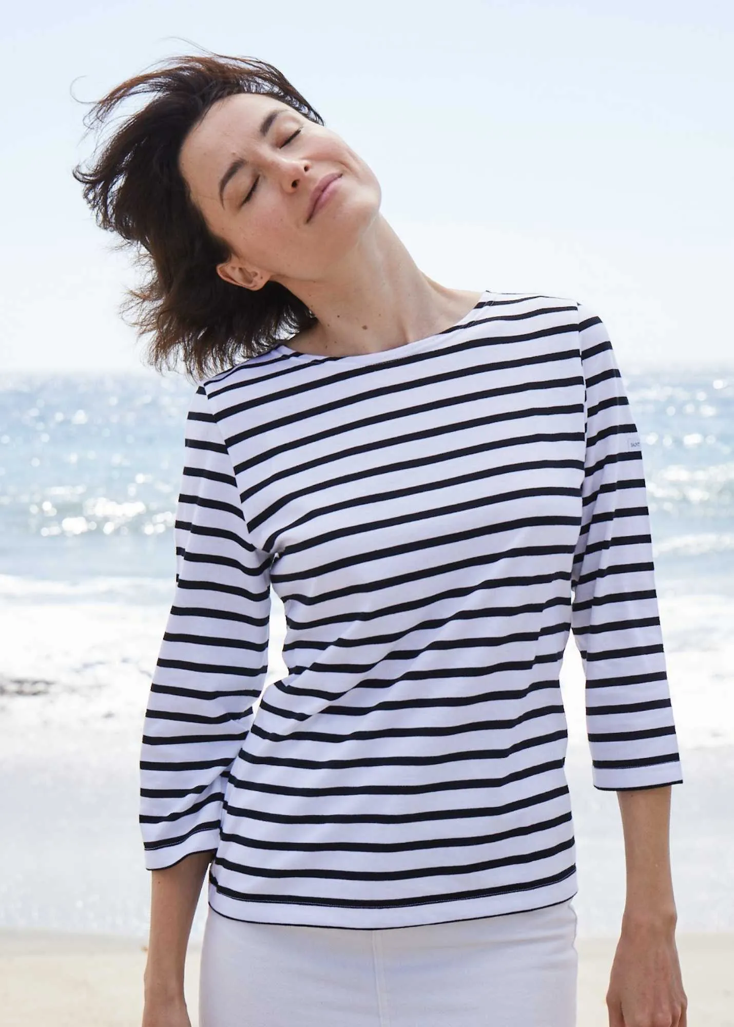 GALATHEE II - Breton Striped Top with ¾ Sleeve | Soft Cotton | Women Fit (WHITE / BLACK)