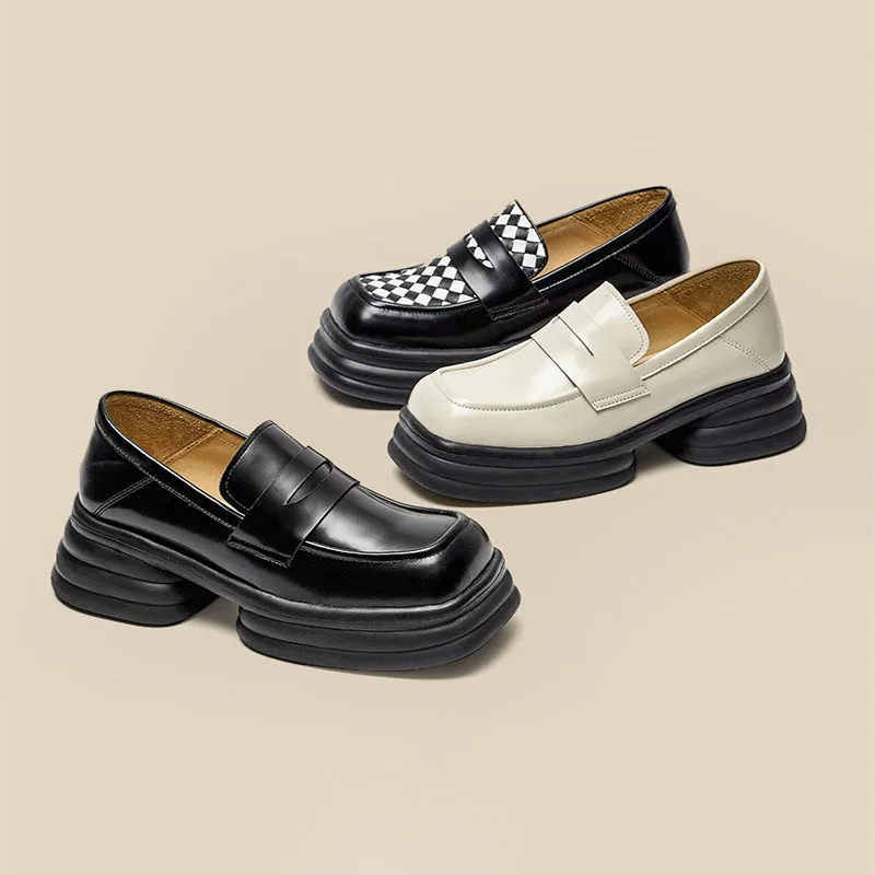 Handmade Leather Platform Penny Loafers For Women In White/Black/Lattice