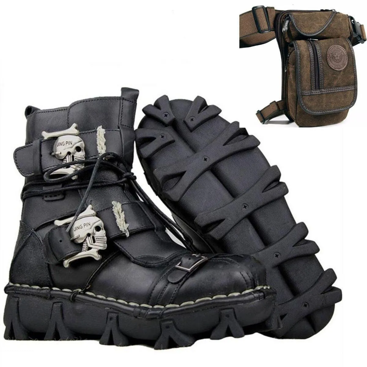 Handmade Skull Leather Boots   Free Leg Bag