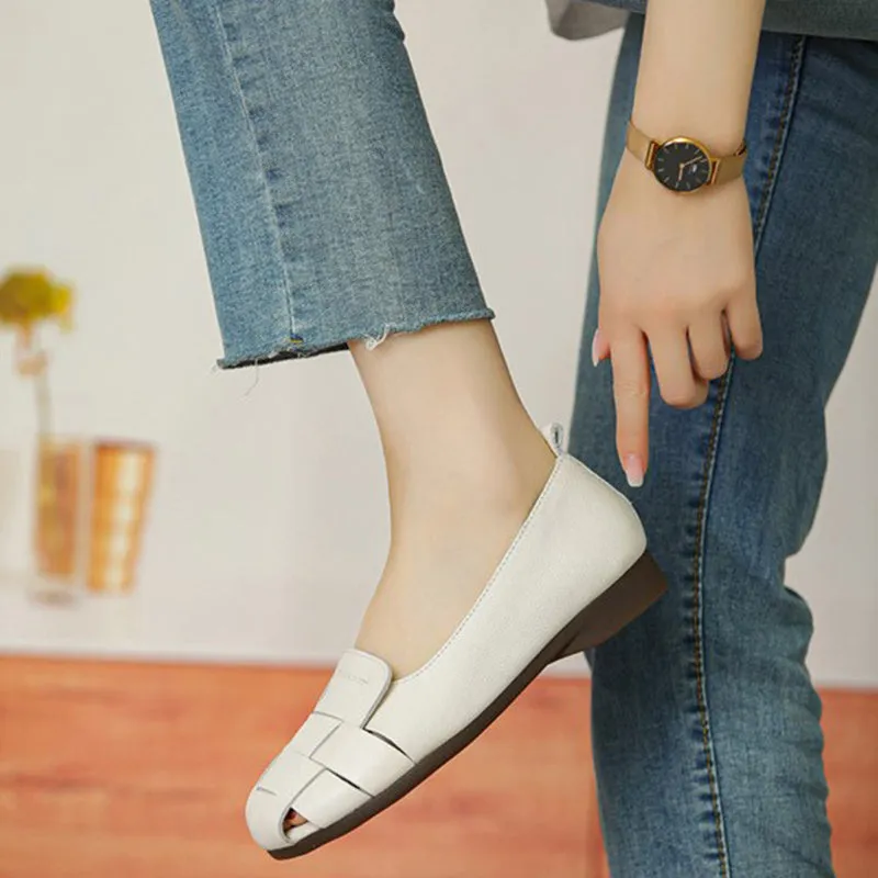 Handmade Womens Soft Genuine Leather Loafers Summer Sandals Black/Brown/Off white