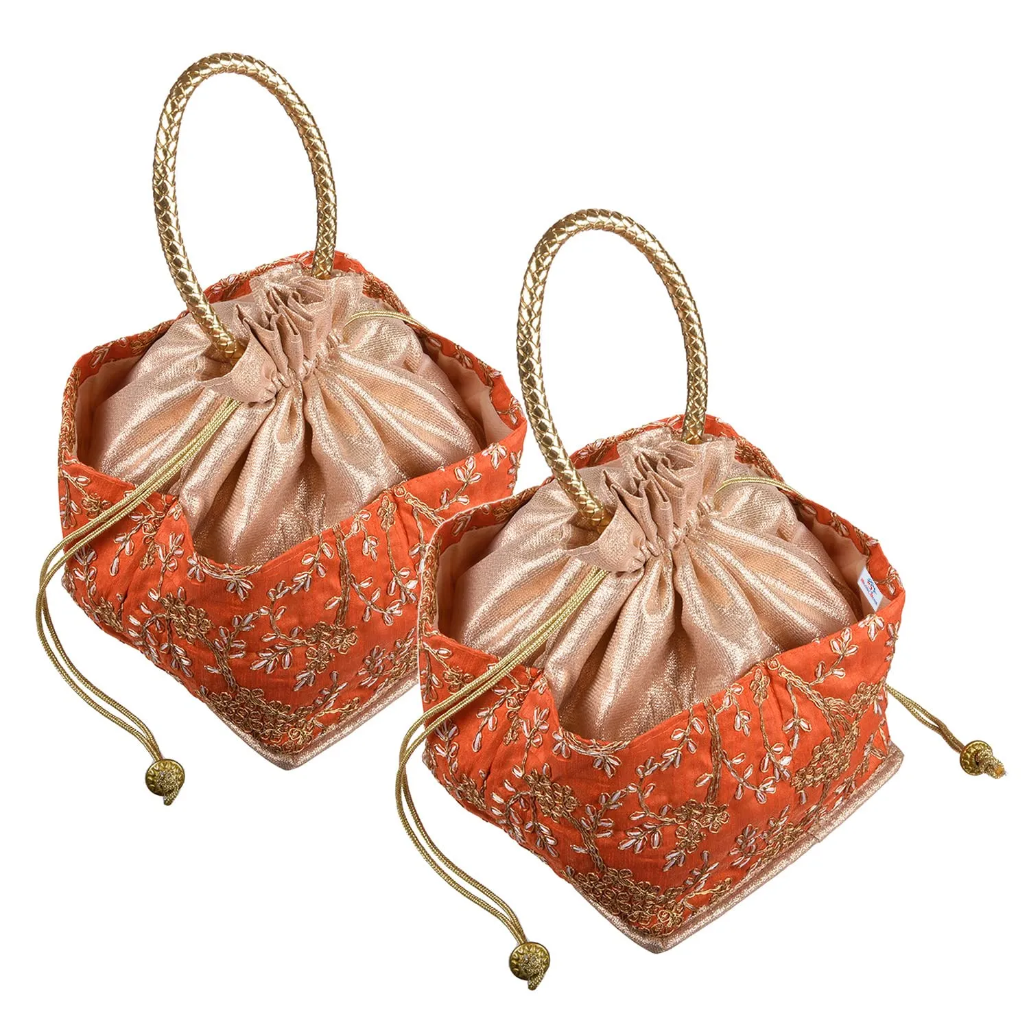 Heart Home Hand Bag|Silk Embroidery Drawstring Bag|Traditional Indian Handmade 5 Pocket Potli Bag with Golden Handle|Pack of 2 (Orange)