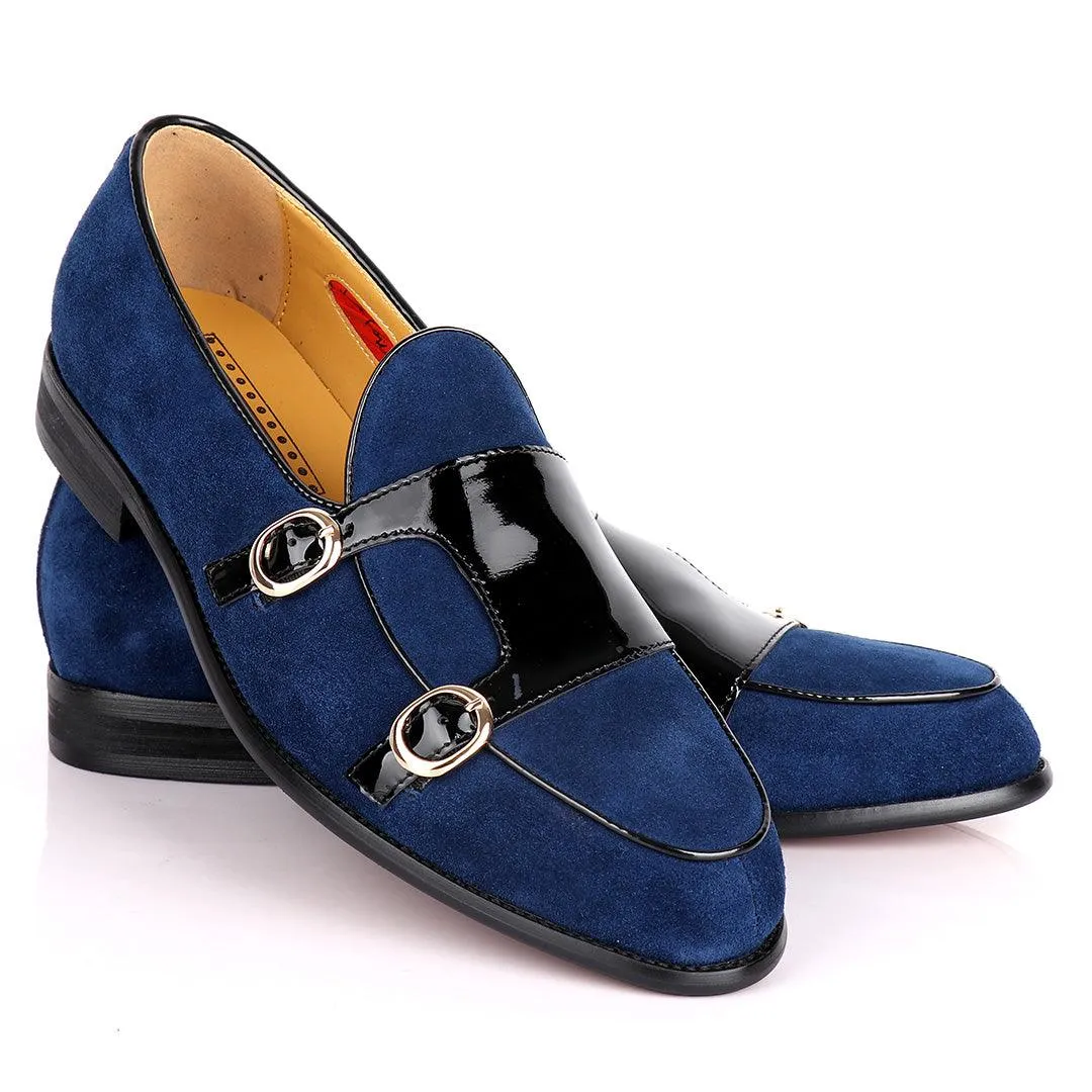 John Foster Double Monk Blue Suede And Black Wetlips Strap Shoe