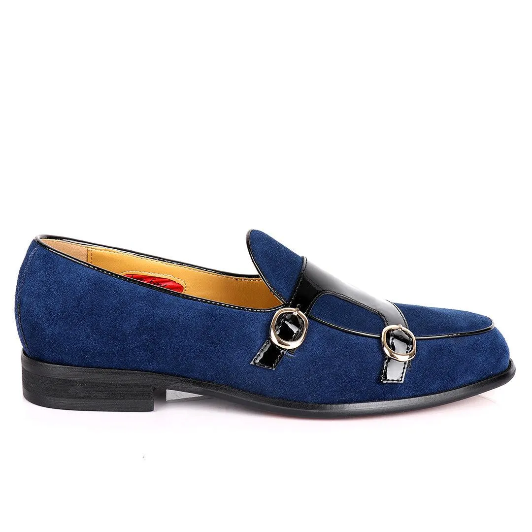 John Foster Double Monk Blue Suede And Black Wetlips Strap Shoe