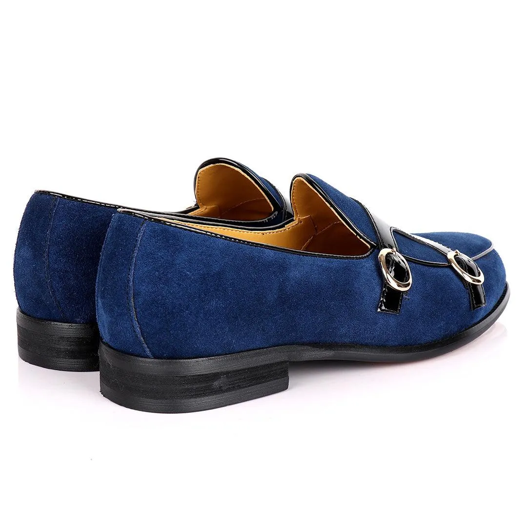 John Foster Double Monk Blue Suede And Black Wetlips Strap Shoe