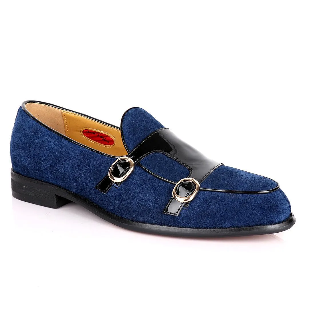 John Foster Double Monk Blue Suede And Black Wetlips Strap Shoe