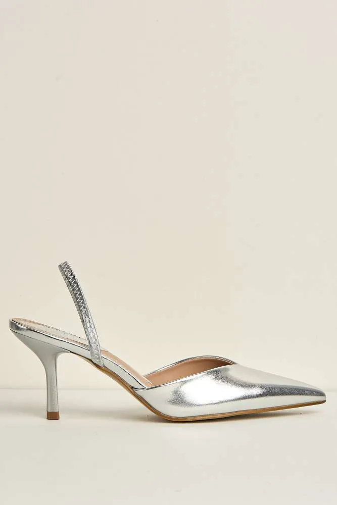 Liana Pointed Toe Slingback Court Shoes in Silver