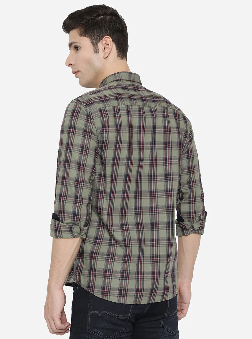 Lichen Green Checked Slim Fit Casual Shirt | Greenfibre