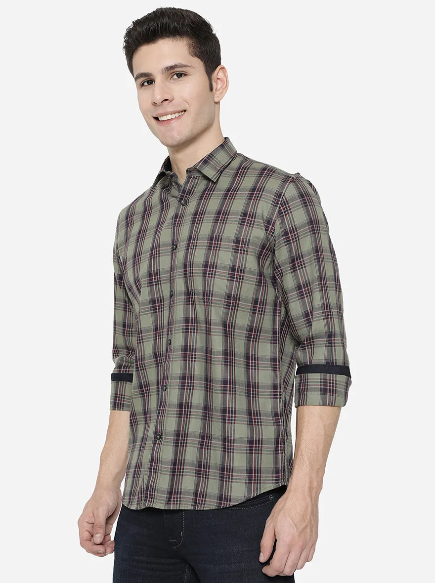 Lichen Green Checked Slim Fit Casual Shirt | Greenfibre