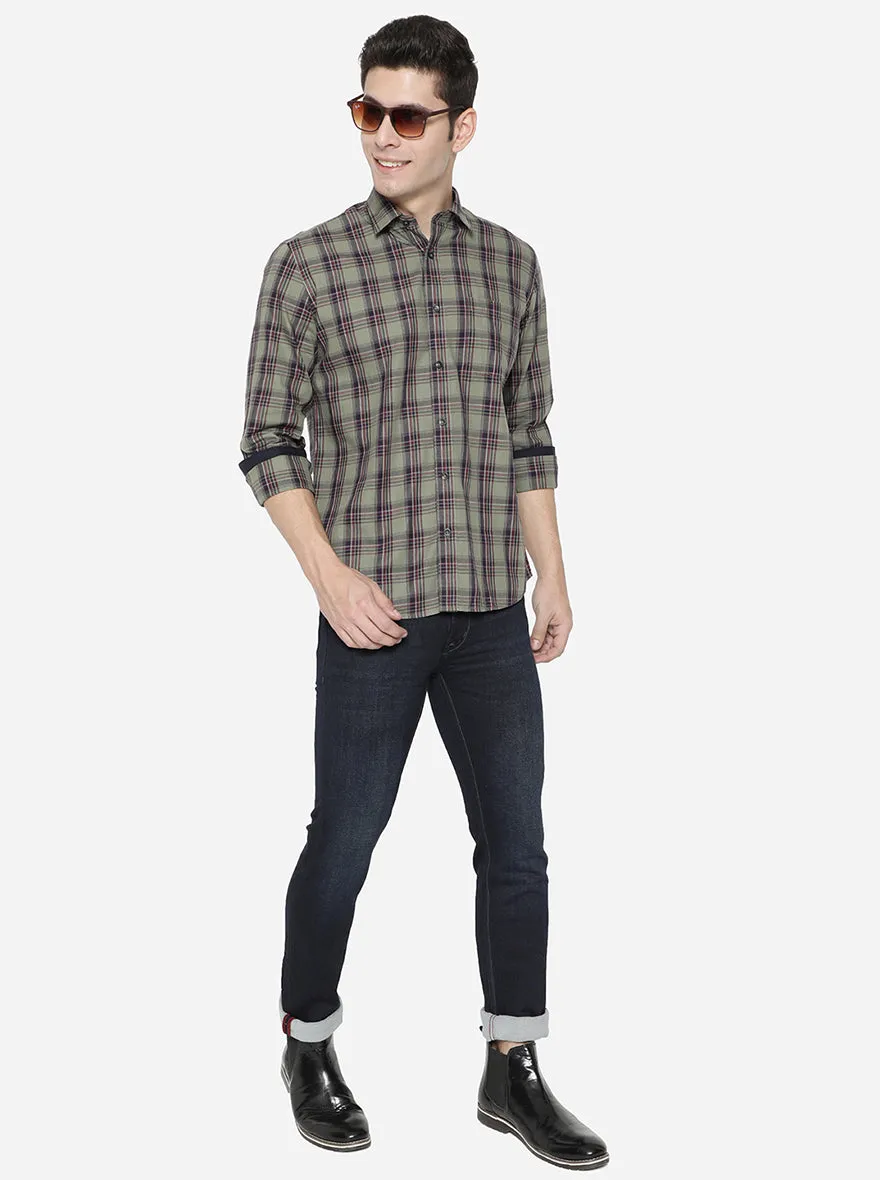 Lichen Green Checked Slim Fit Casual Shirt | Greenfibre