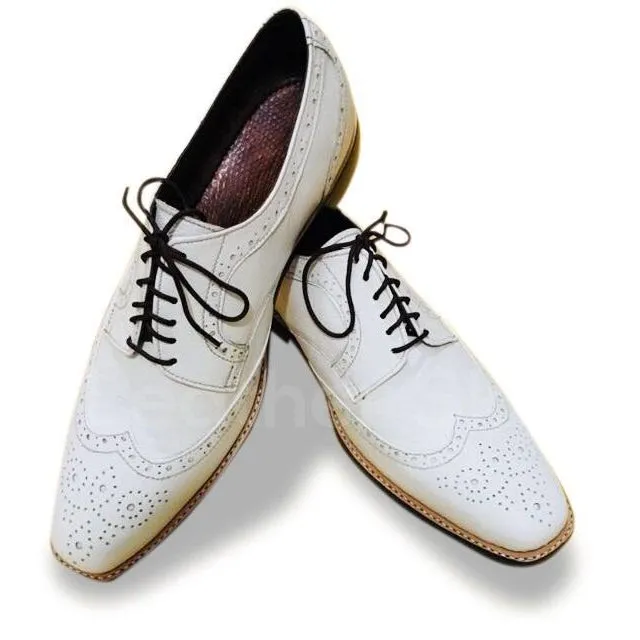 Men White Brogue Handmade Genuine Leather Shoes