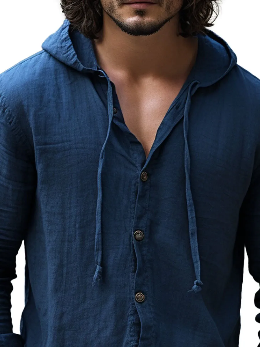 Men's Solid Color Cotton And Linen Hooded Long-Sleeved Shirt