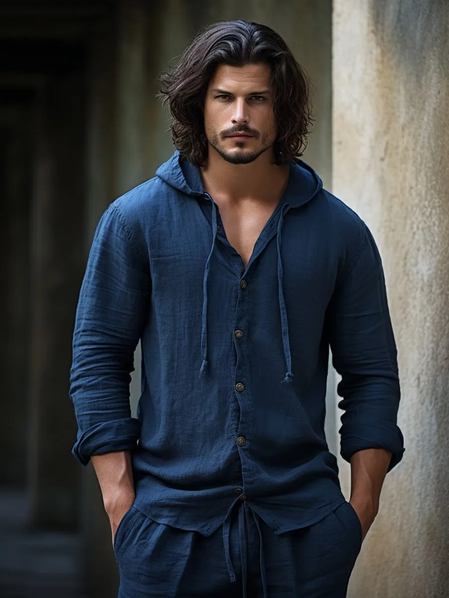 Men's Solid Color Cotton And Linen Hooded Long-Sleeved Shirt