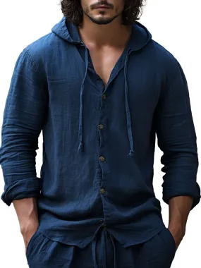 Men's Solid Color Cotton And Linen Hooded Long-Sleeved Shirt