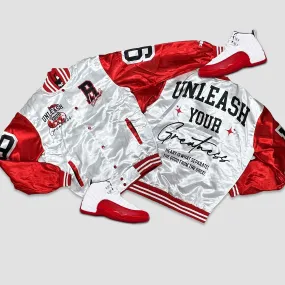 RETRO LABEL UNLEASH YOUR GREATNESS SATIN JACKET (RETRO 12 CHERRY)