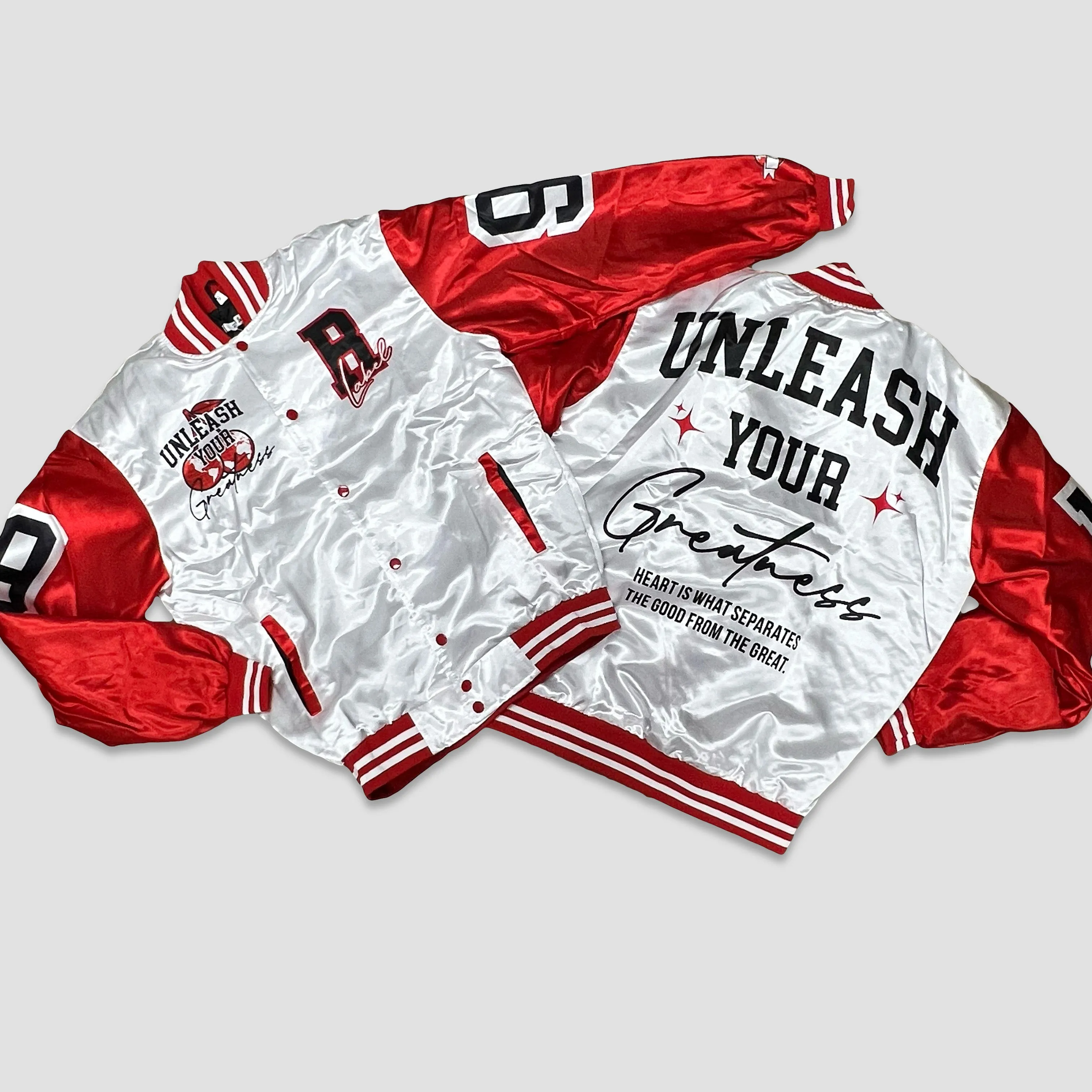 RETRO LABEL UNLEASH YOUR GREATNESS SATIN JACKET (RETRO 12 CHERRY)