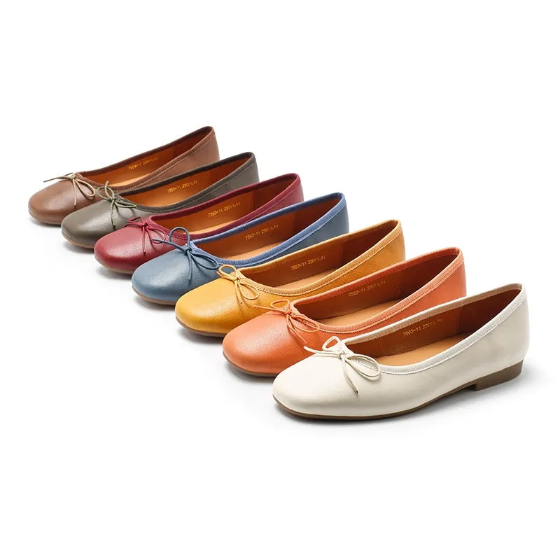 Round Toe Sheepskin Ballerina Shoes Bow-Detail 12 colors