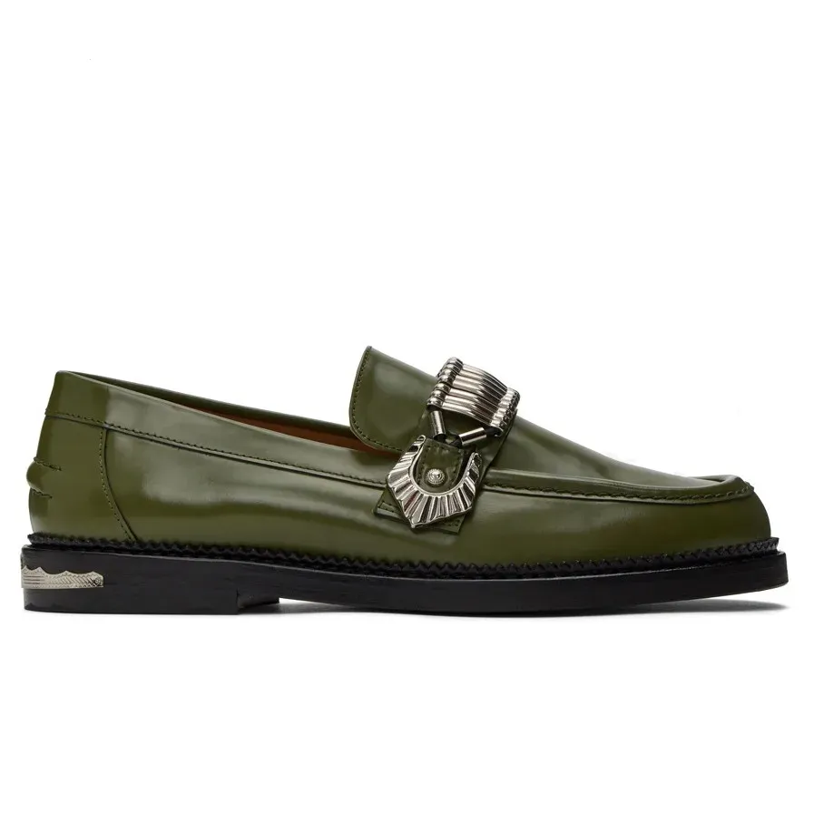 Slip-On Green Leather Metal Appliques Loafers