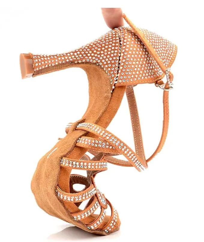 Tan Rhinestone Ballroom Dance Shoes Latin Salsa Performance Dancing Heels