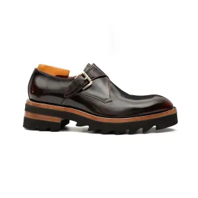 Wine Red Leather Monk Strap Shoes with Chunky Soles