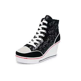 Women's Canvas High-Heeled Bling Shoes Casual Shoes Fashion Sparkling Sneakers for Walking Platform Wedges Pump Shoes Black, 8