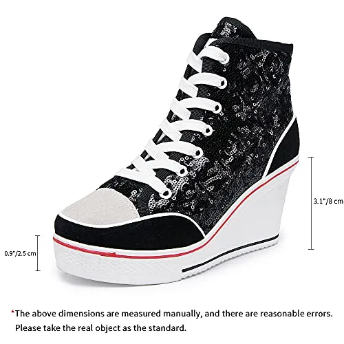 Women's Canvas High-Heeled Bling Shoes Casual Shoes Fashion Sparkling Sneakers for Walking Platform Wedges Pump Shoes Black, 8